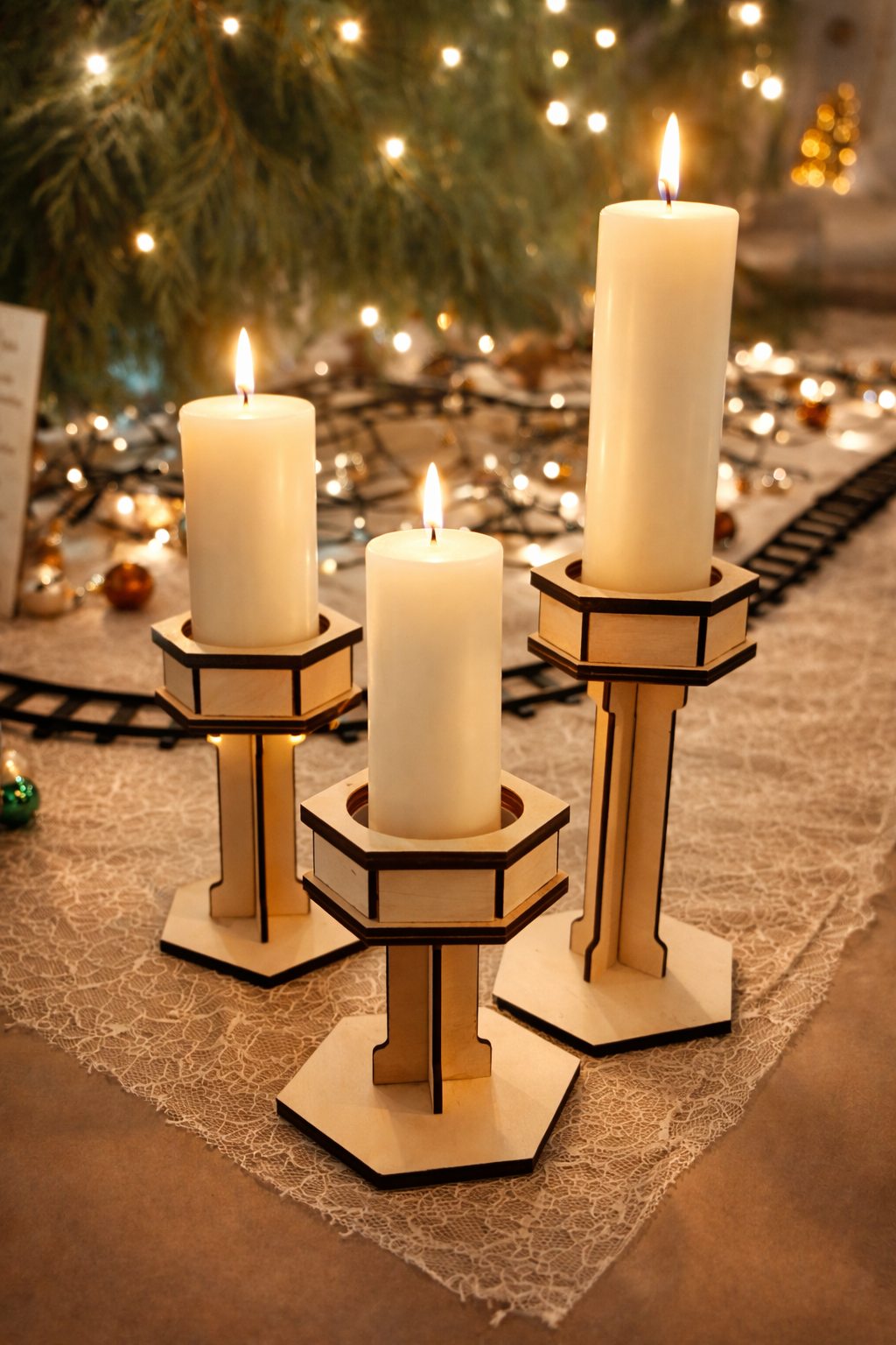 Bougeoir en bois hexagonaux